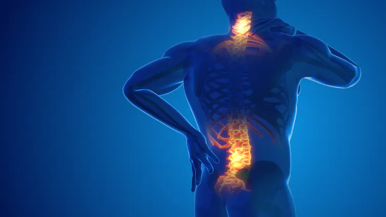 Three-dimensional illustration of pain in the back and neck, with painful areas lit up against a dark background.