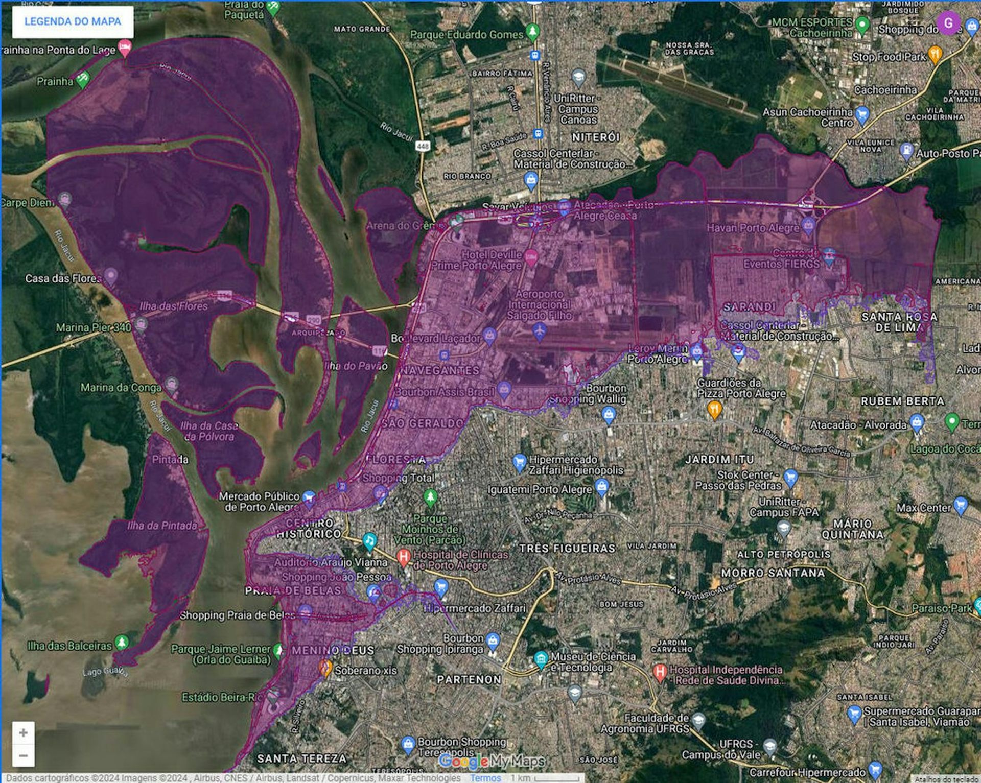 Mapa mostra a cidade de Porto Alegre, com boa parte do mapa marcado com uma cor roxa, demarcando a mancha de inundação