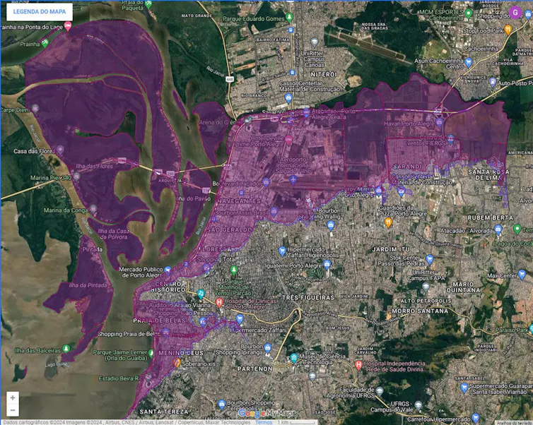 Mapa mostra a cidade de Porto Alegre, com boa parte do mapa marcado com uma cor roxa, demarcando a mancha de inundação