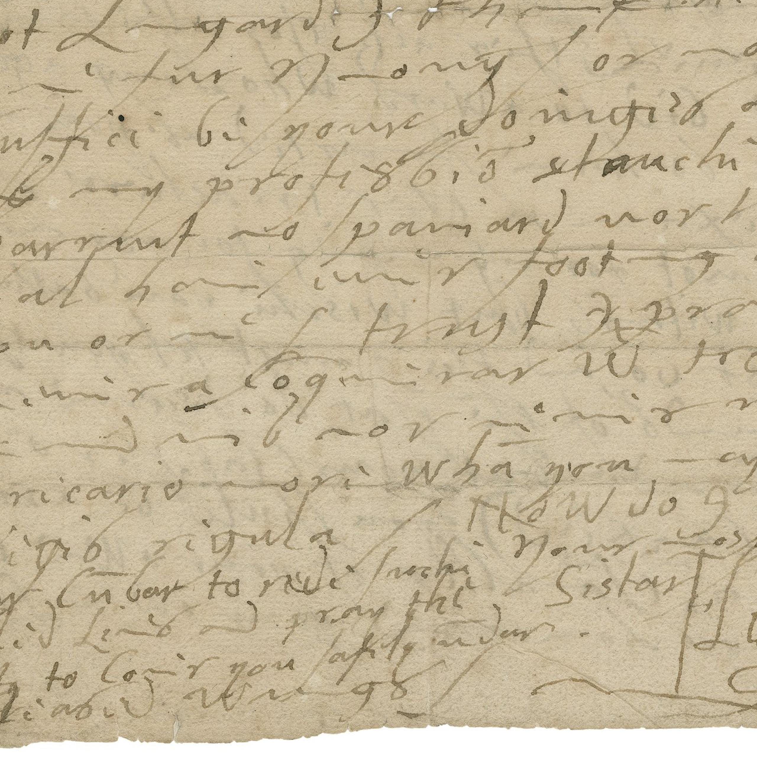 The bottom half of a page of a letter in the handwriting of Queen Elizabeth I. Elizabeth’s signature is visible in the bottom right corner of the letter. The paper, now tan colored, is inscribed in brown ink. The text gets increasingly compressed towards the bottom of the letter. There are several creases on the page, suggesting how the letter may have been folded when originally sent.