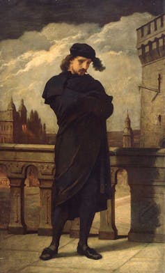 A painting of a young man with a moustache wearing a Black outfit and hat.