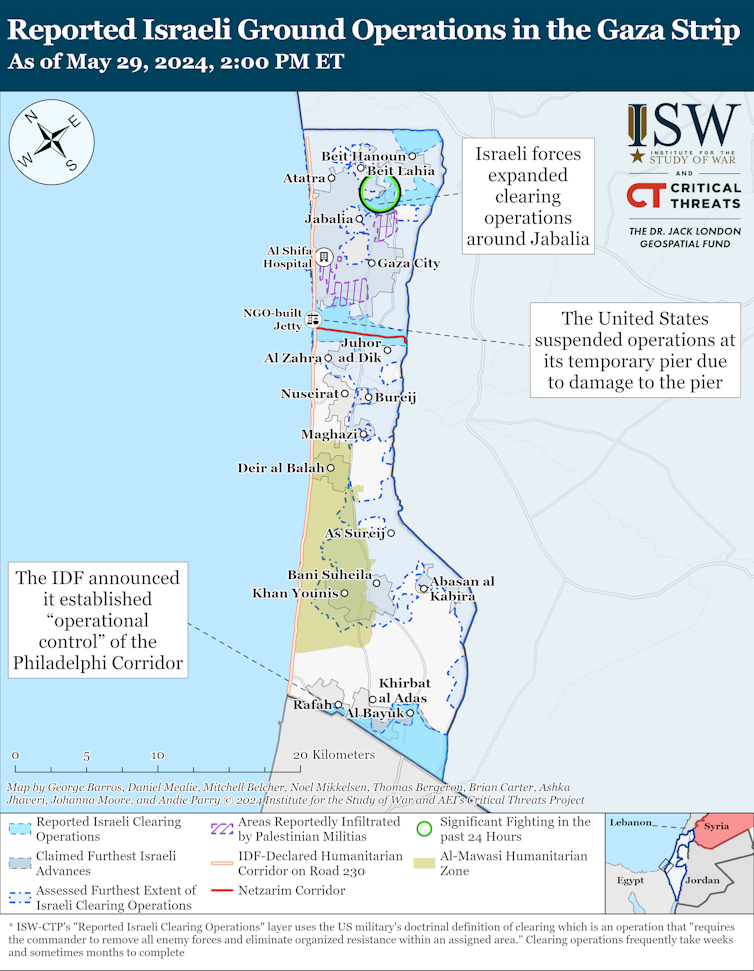 ISW map showing the state of the conflict in Gaza as at May 29.