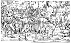 A historical woodcut depicting peasants surrounding a knight.