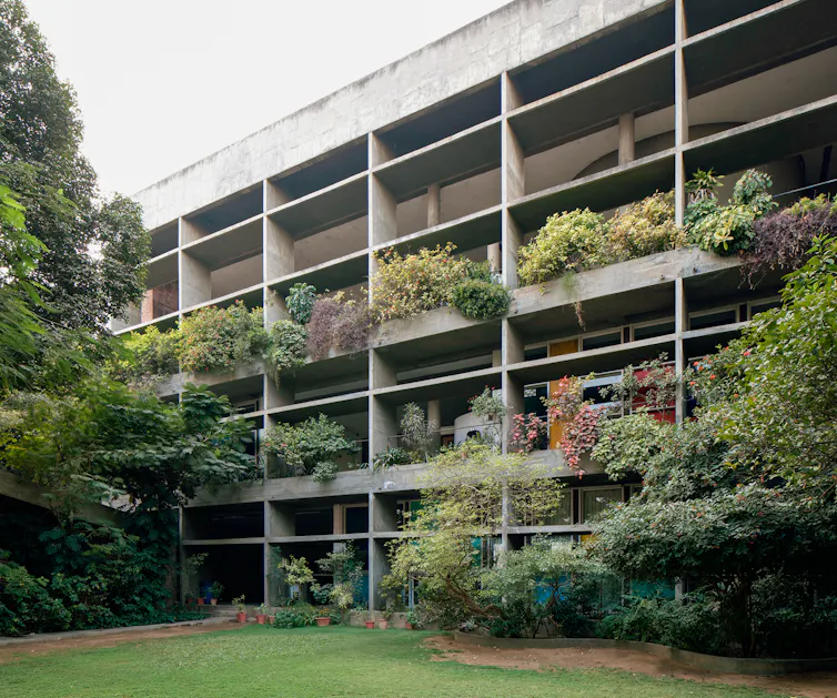 Plants take over the concrete balconies of an apartment building.