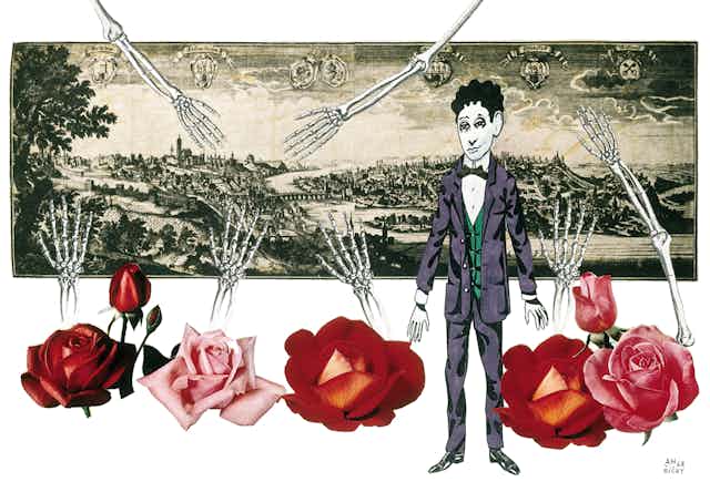 Ilustración de Adolf Hoffmeister en la que se ve a Franz Kafka superpuesto sobre la imagen de Praga.