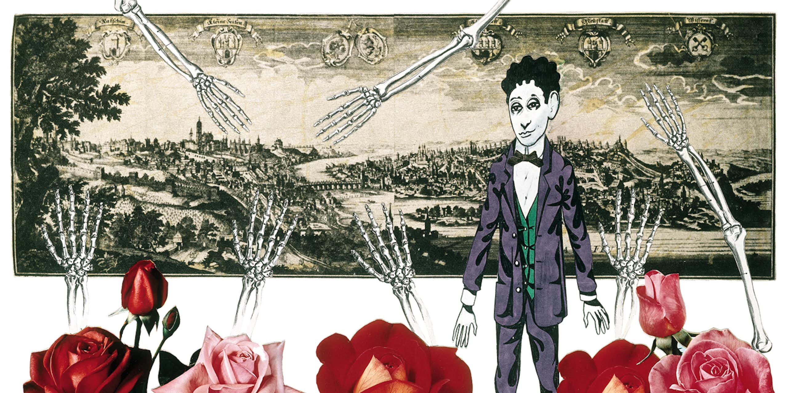 Ilustración de Adolf Hoffmeister en la que se ve a Franz Kafka superpuesto sobre la imagen de Praga.