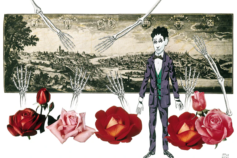 Ilustración de Adolf Hoffmeister en la que se ve a Franz Kafka superpuesto sobre la imagen de Praga.