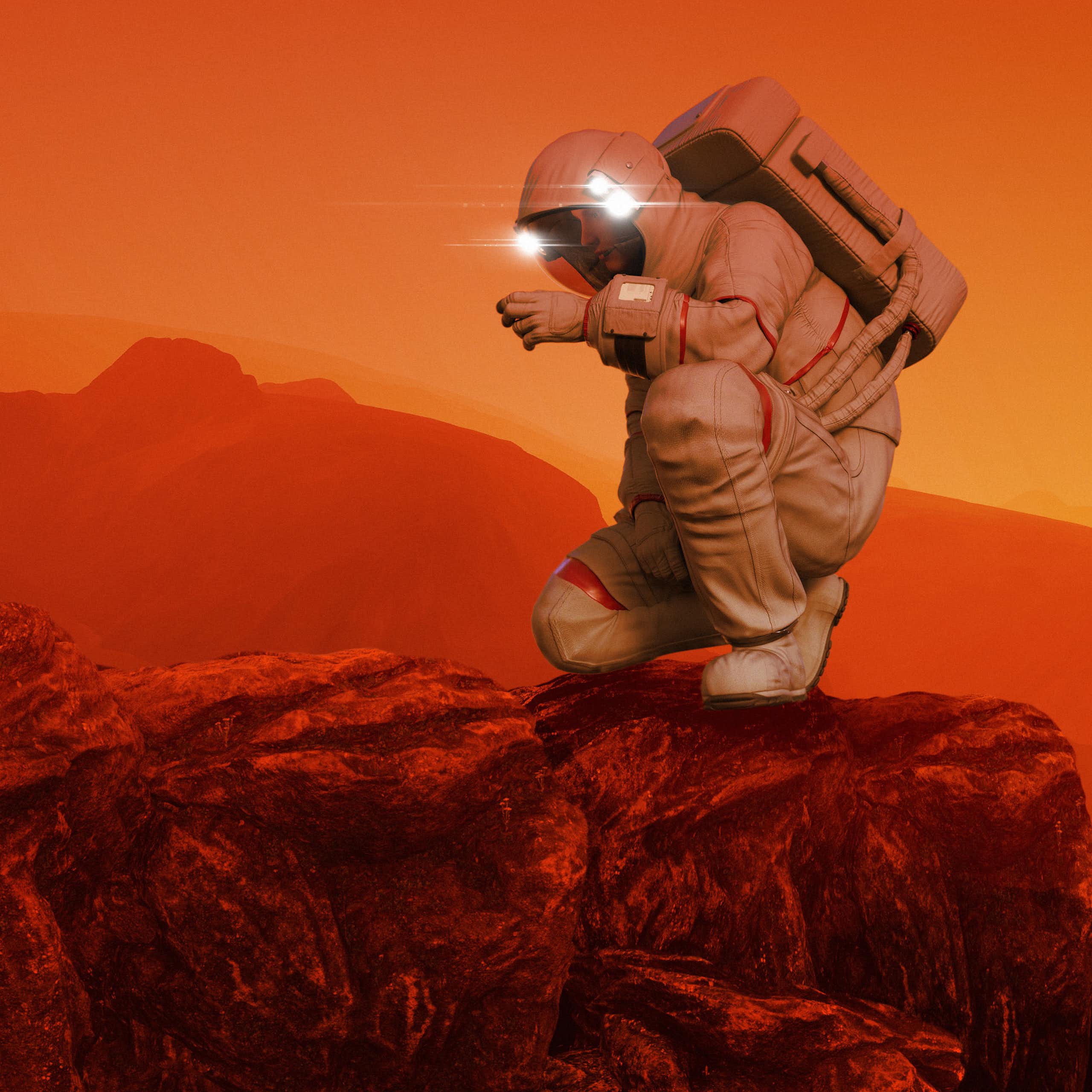 astronaut kneeling on red landscape