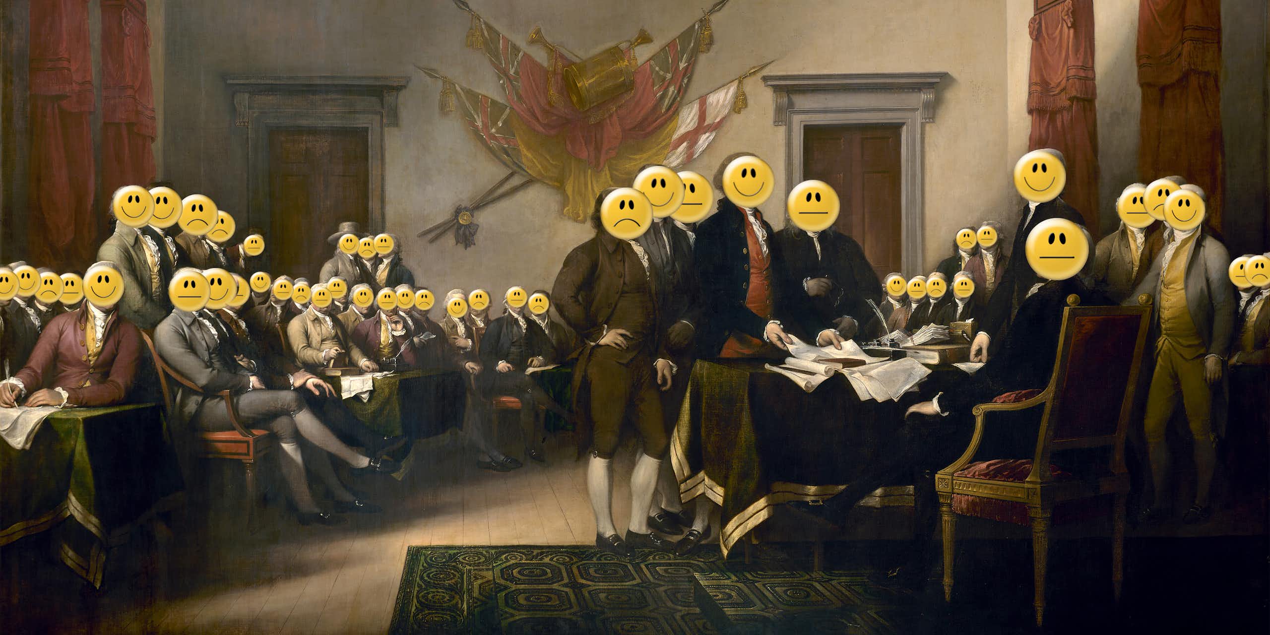 a painting of a group of men wearing 18th-century clothing with emoticons covering their faces