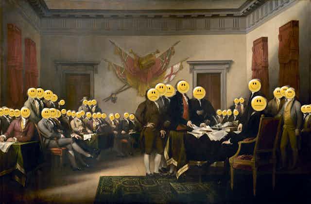 a painting of a group of men wearing 18th-century clothing with emoticons covering their faces