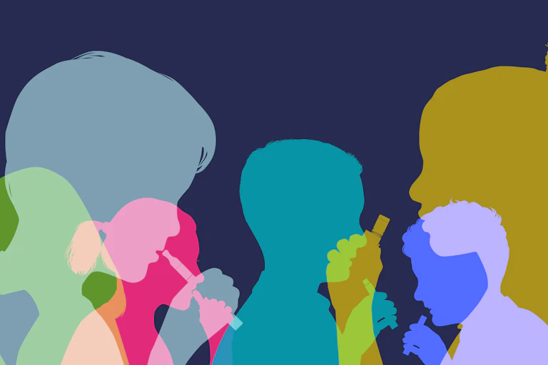 An illustration of silhouettes of children smoking and vaping.