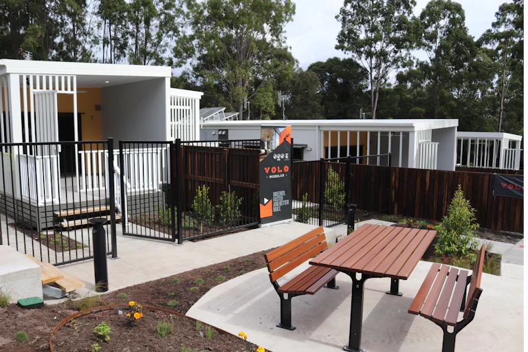 A row of new factory-built modular housing units