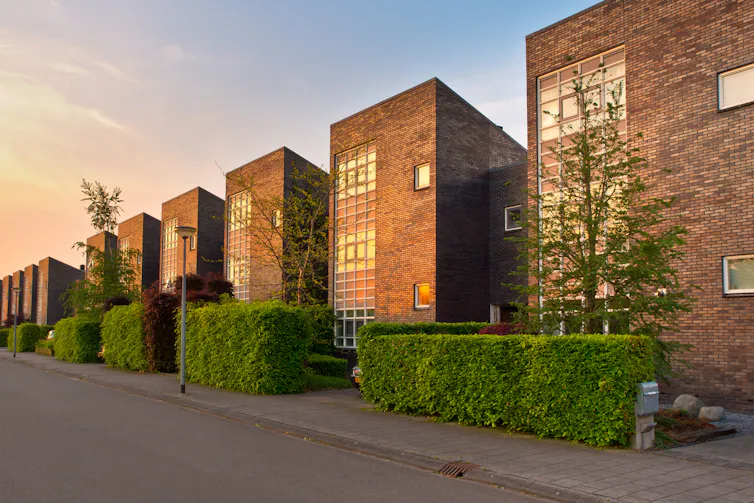 A row of new houses with hedges.
