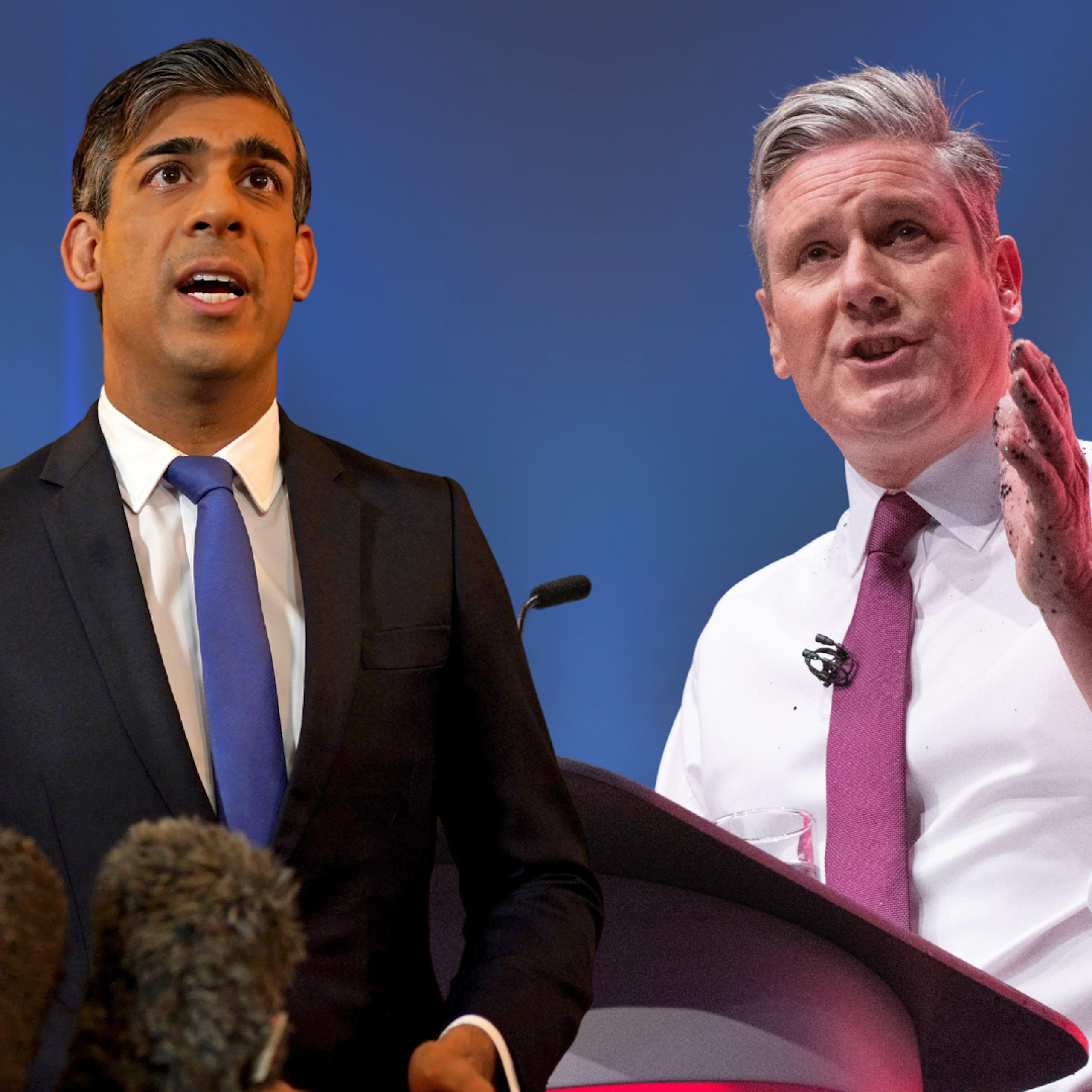 Photo collage of Rishi Sunak and Keir Starmer, both speaking to microphones, in front of a blue stage background