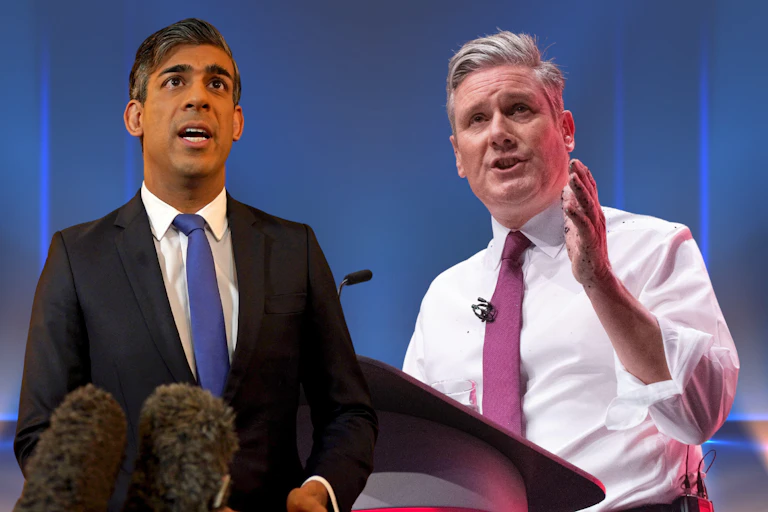Photo collage of Rishi Sunak and Keir Starmer, both speaking to microphones, in front of a blue stage background