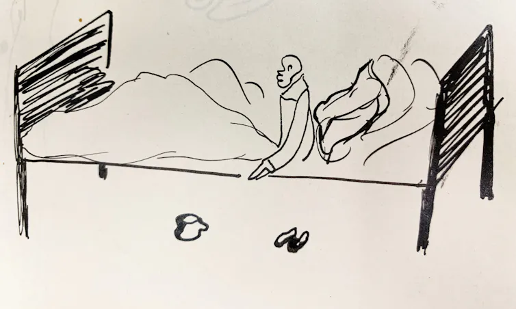 A drawing of a person in bed.