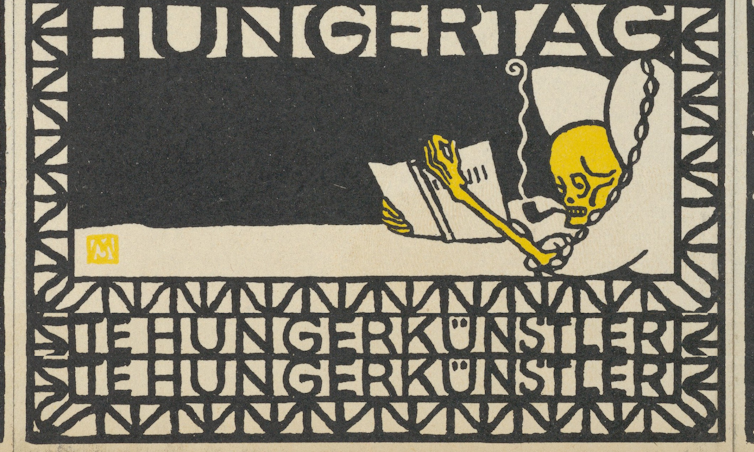 A illustration of a skeleton reading