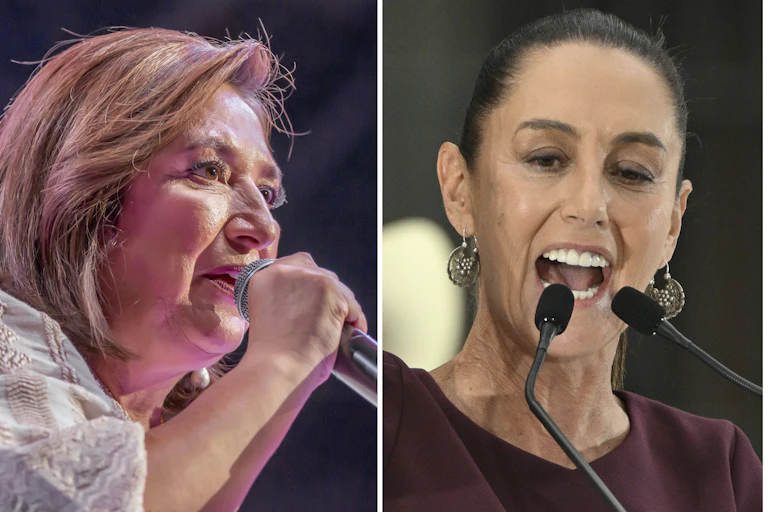 A pair of photographs show close-ups of candidates Xochitl Galvez and Claudia Sheinbaum, each speaking to supporters.