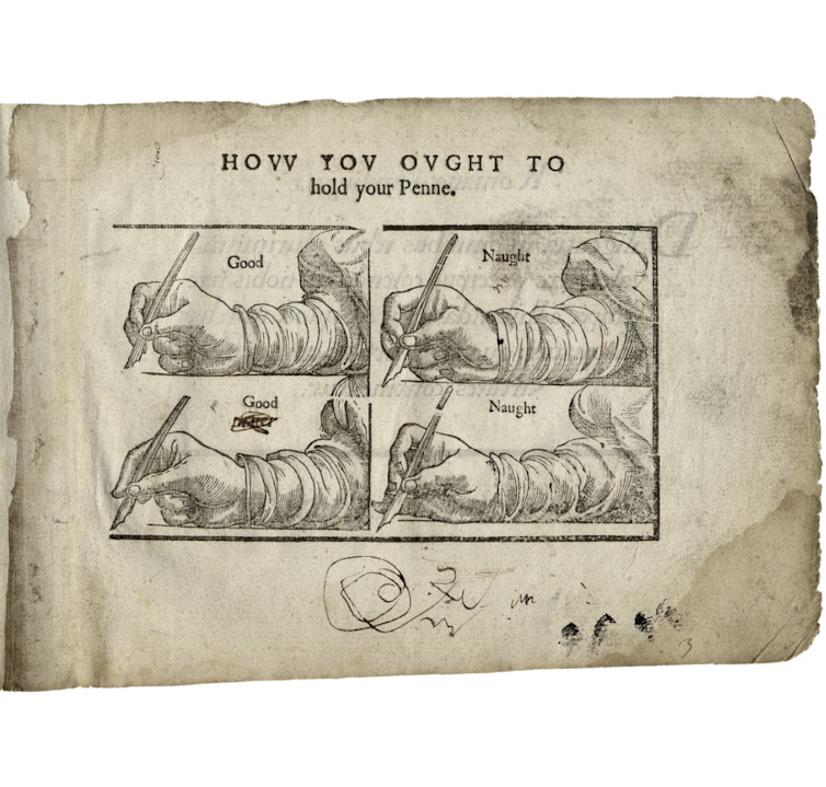 Four old drawings of a hand holding a pen under the title: how to ought to hold your pen.