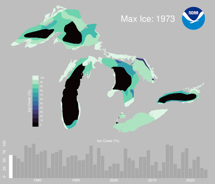 A map showing ice cover by year from 1973 to 2024 and a graph showing percentage ice cover show that years with low ice cover are becoming more common.