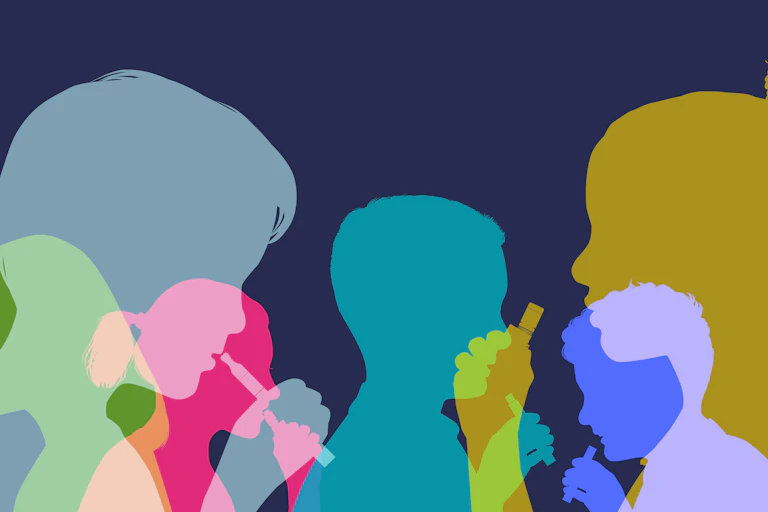 Ilustração de silhuetas de crianças fumando e vaporizando.