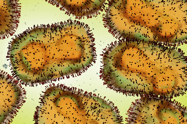 An illustration of the mpox virus close up.
