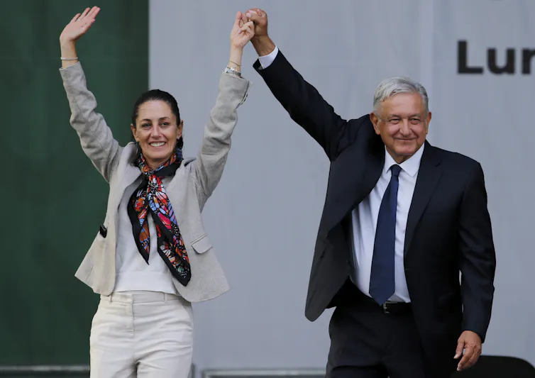 Lopez Obrador and Sheinbaum together at a rally in 2019.
