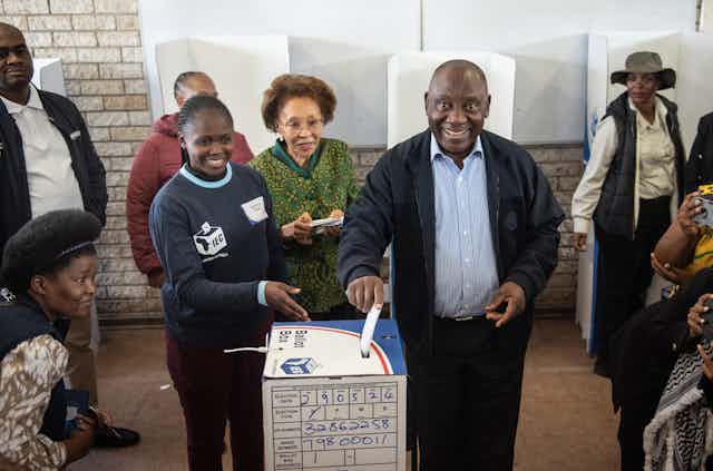 South African president, ANC leader Cyril Ramaphosa casting his vote at a polling station in Soweto.