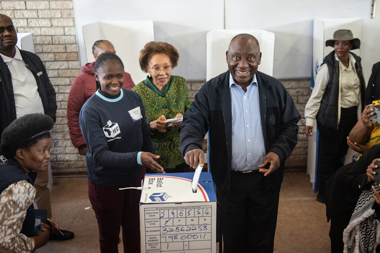 South African president, ANC leader Cyril Ramaphosa casting his vote at a polling station in Soweto.