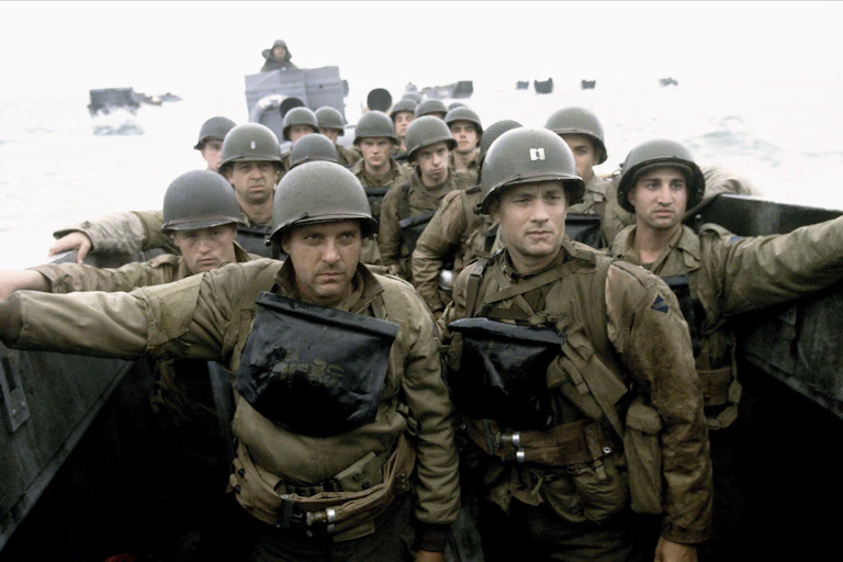 A crowd of men in military helmets on a boat.