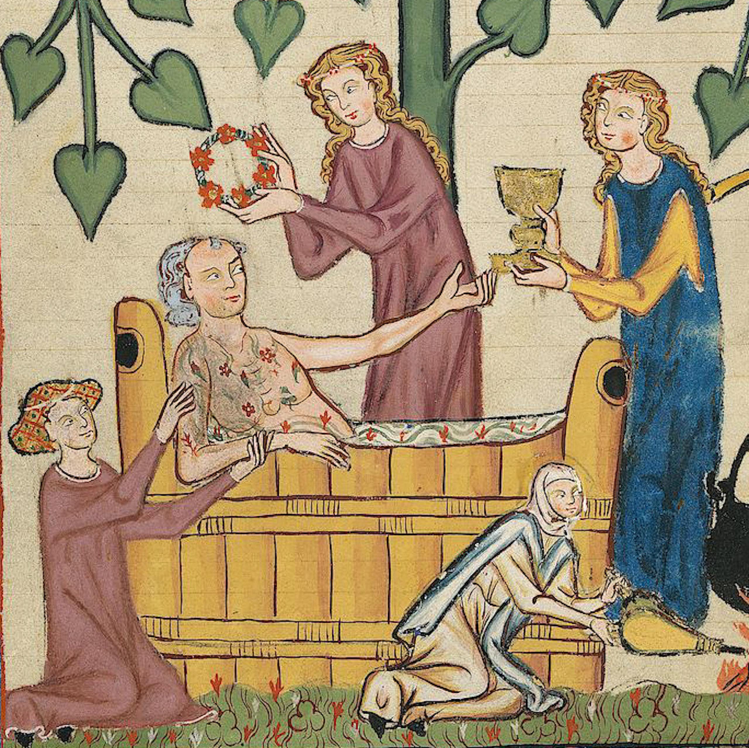 A king bathing with women preparing his bath 
