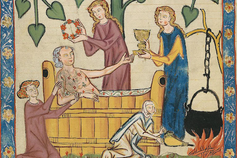 A king bathing with women preparing his bath