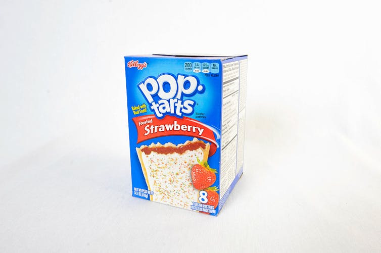 A brightly colored blue box shows a strawberry pastry and a logo reading 'Pop-Tarts'