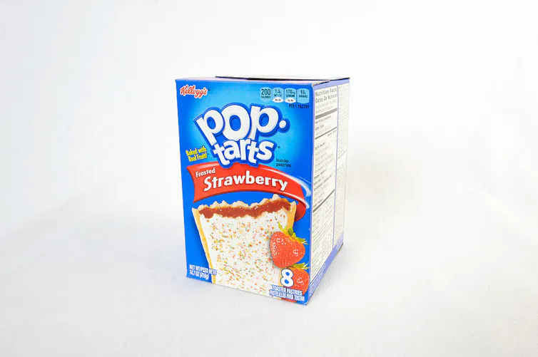 A brightly colored blue box shows a strawberry pastry and a logo reading 'Pop-Tarts'