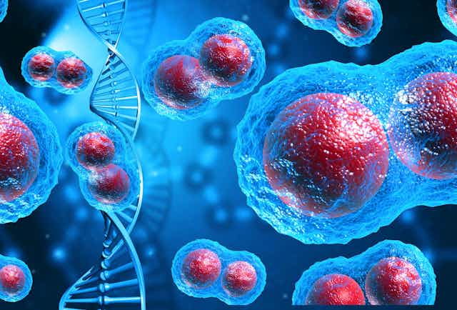 Células cancerosas com uma fita de DNA.