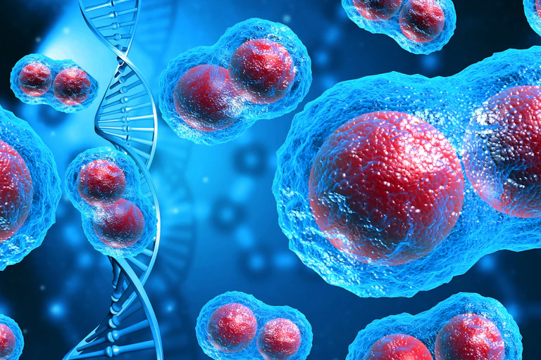 Células cancerosas com uma fita de DNA.