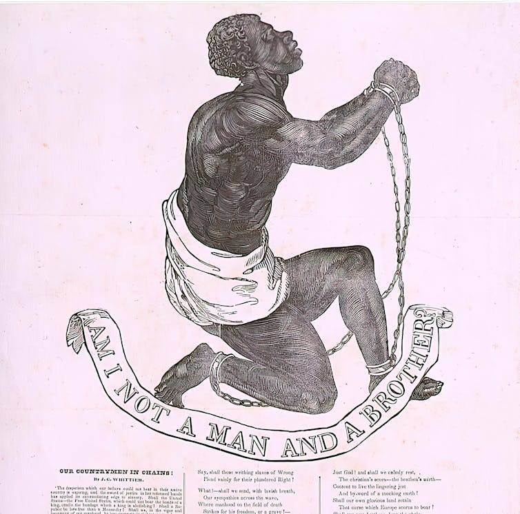 A woodcut image showing a Black man in chains with the words 'Am I not a man and a brother' inscribed below.