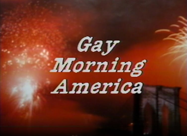 Title screen with red fireworks and the words “Gay Morning America”.