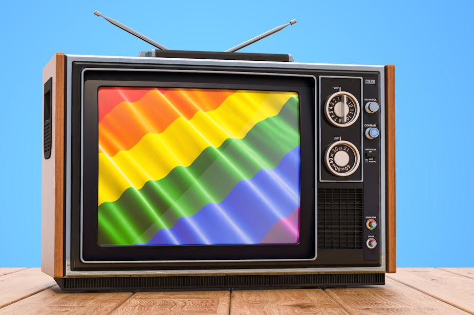 Graphic of old-school TV set with a rainbow flag depicted on the screen.