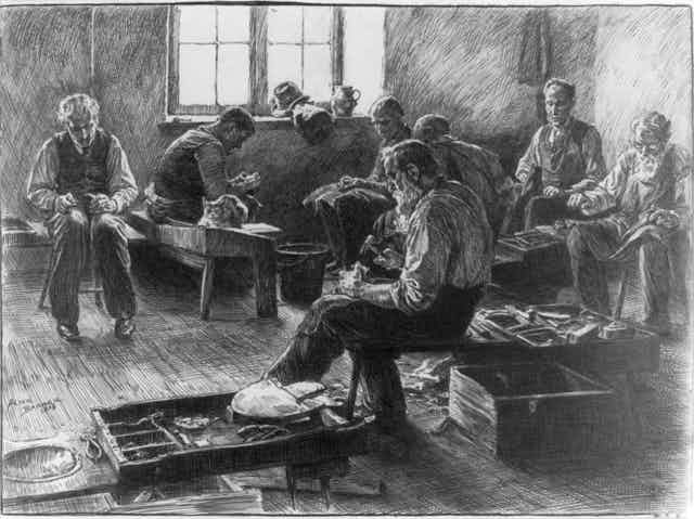 Black and white ink drawing of men seated on benches and chairs and making shoes