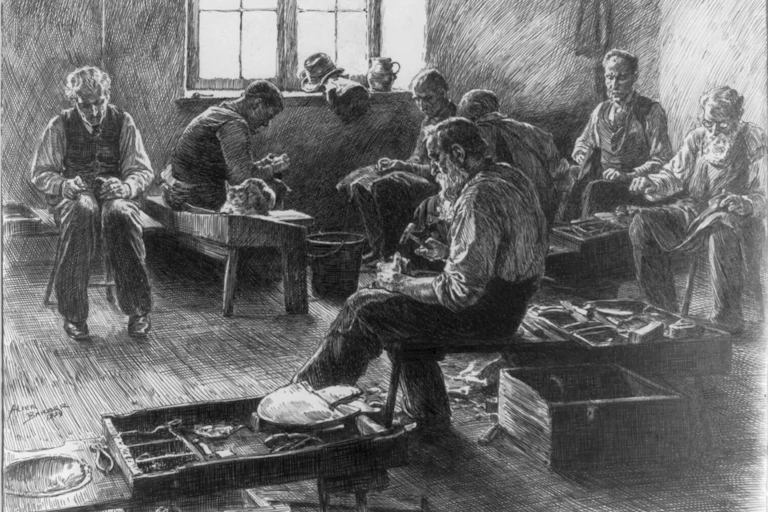 Black and white ink drawing of men seated on benches and chairs and making shoes