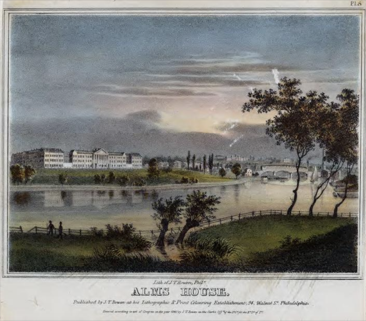 Lithograph print of tree-lined river with bridge and large building on far side of river