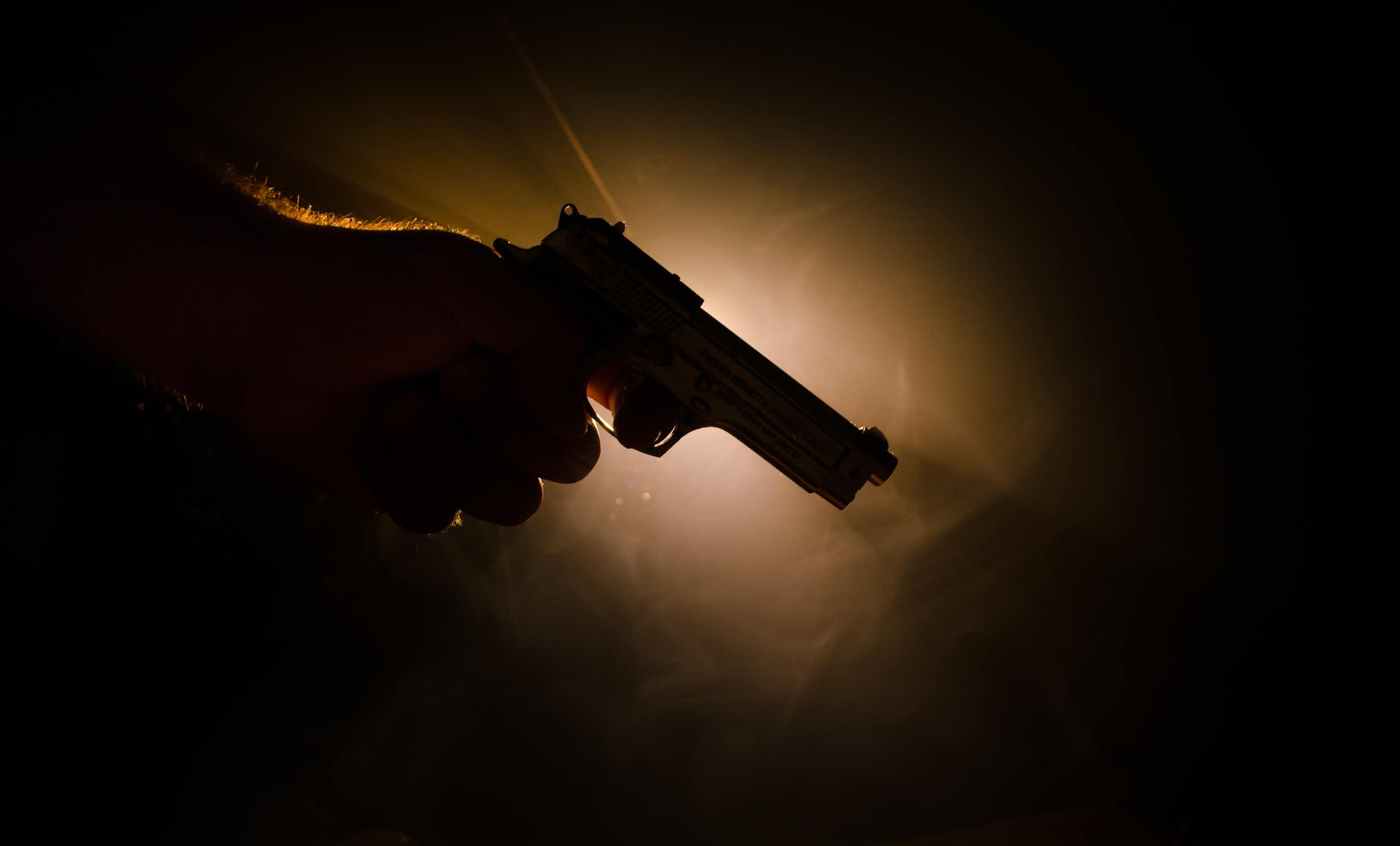 The silhouette of a man's hand holding a gun