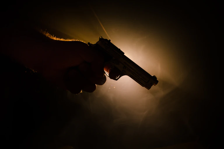 The silhouette of a man's hand holding a gun