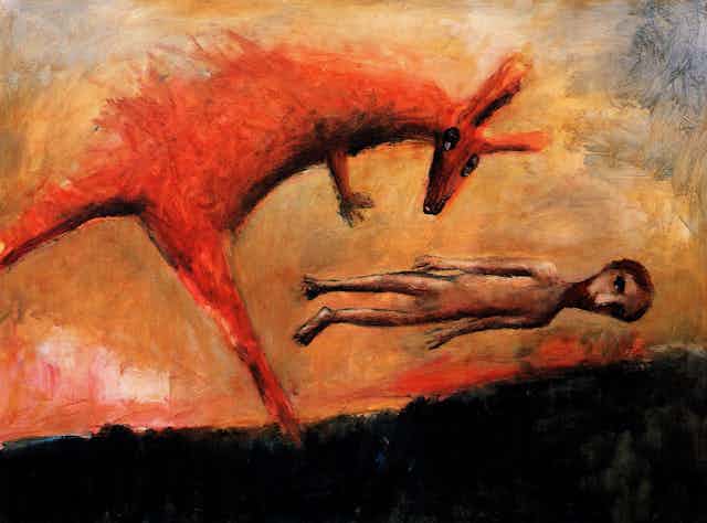 A painting of a red kangaroo and a man floating above the ground.