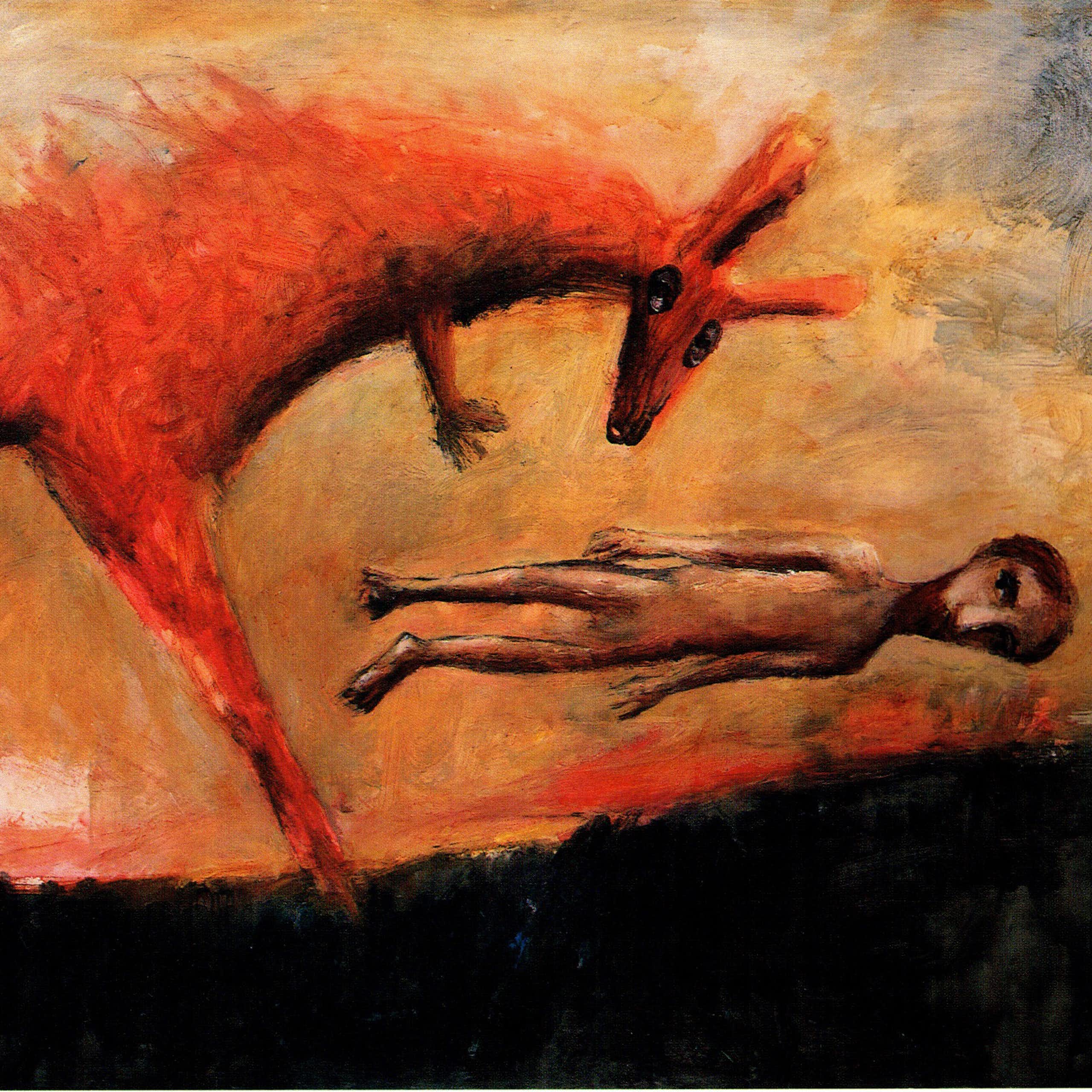 A painting of a red kangaroo and a man floating above the ground.