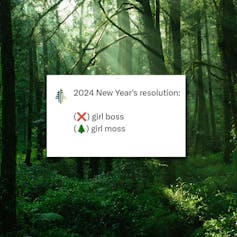 Text saying 2024 New Year's resolution, girl boss, girl moss in front of a green forest