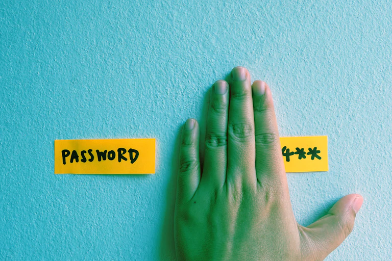 A hand partially covering a sticky note with a password on it.