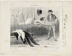 Caricature d’un homme apprenant à nager avec un harnais