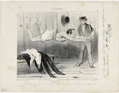 Caricature d’un homme apprenant à nager avec un harnais